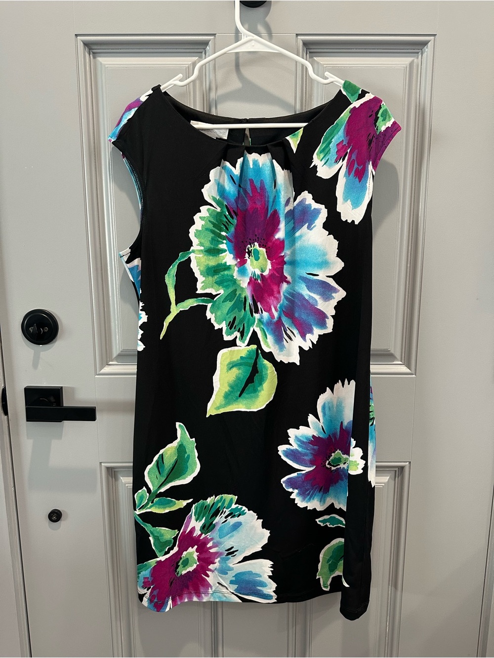 London Times Black Mini Dress with Blue, Green & Purple Floral Print